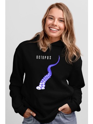 Tişört Fabrikası Ahtapot Baskılı Siyah Hoodie