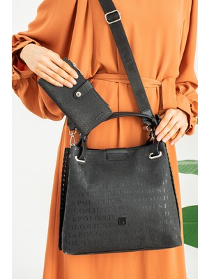 Just Polo Siyah Örgü Detaylı 4 Bölmeli Kadın El & Omuz Çantası ve Cüzdan Kombini 30X27CM PBU4031-1001