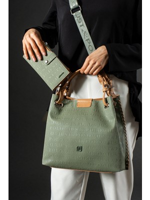 Just Polo Yeşil Örgü Detaylı 4 Bölmeli Kadın El & Omuz Çantası ve Cüzdan Kombini 30X27CM PBU4031-1001