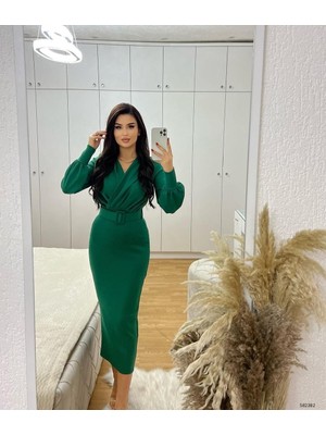 Rengamoda Kadın Balon Kol Kruvaze Yaka Detaylı Kemerli Scuba Kumaş Elbise (Renk Seçenekli)