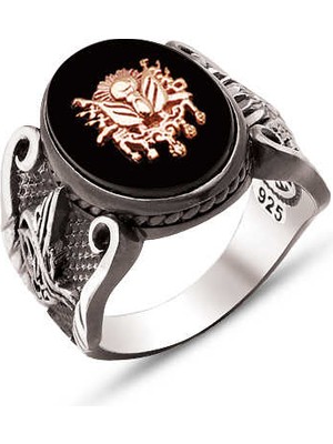 Amberkan Gümüş Oniks Taş Üstü Osmanlı Devlet Armalı Kenarları Osmanlı Devlet Armalı ve Osmanlı Tuğralı Yüzük