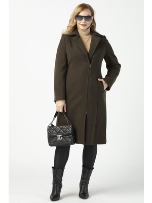 Moda Berray Kadın Oversize Haki Kaşe Kaban Uzun Kol Fermuar Detaylarıyla Şık Tasarım