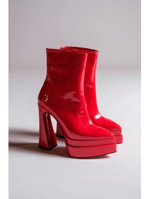 Kırmızı Rugan Çift Platform Özel Tasarım Kadın Bot Ayakkabı Mojo