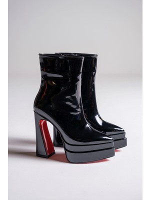 Siyah Rugan Çift Platform Özel Tasarım Kadın Bot Ayakkabı Mojo