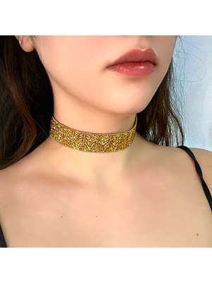 Petek Aksesuar Full Kristal Taşlı Işleme Choker Tasma Kolye