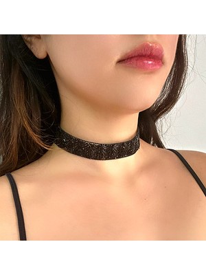 Petek Aksesuar Full Kristal Taşlı Işleme Choker Tasma Kolye