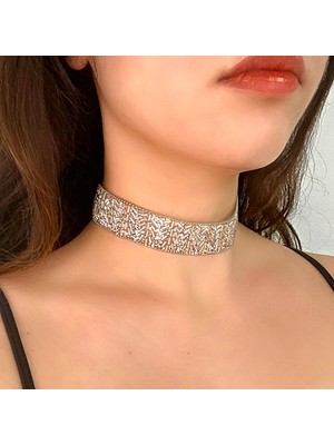 Petek Aksesuar Full Kristal Taşlı Işleme Choker Tasma Kolye