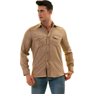 Exve Exclusive Bej Rengi Süet Çift Cepli Pamuk Western Stil Pamuk Slim Fit Gömlek