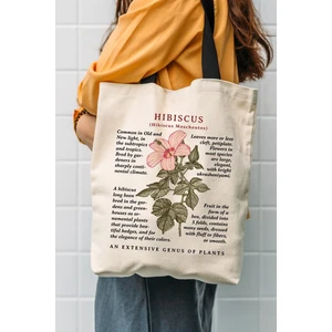Çınar Bez Çanta Siyah Kulplu Krem Kanvas Hibiscus Baskılı Bez Çanta