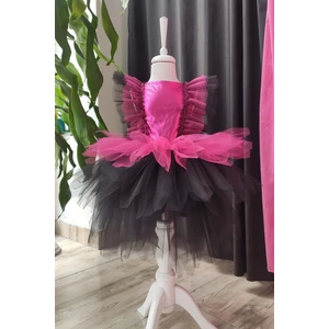 Shecco Babba Fuşya Siyah Kat Kat Kız Çocuk Tütü Elbise, Doğum Günü Elbisesi, Top Bandana