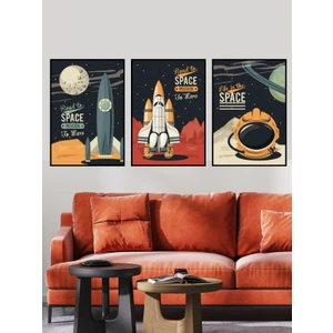3 Parça Çerçeve Görünümlü MDF Tablo Space Rocket - Uzay ve Roket (Çerçeve Görünümlü)