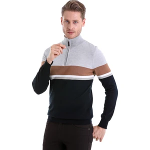 Lacivert Regular Fit Çizgili Yarım Balıkçı Yaka Pamuklu Casual Triko Kazak