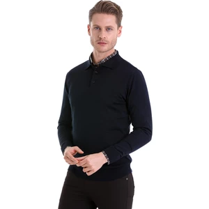 Lacivert Regular Fit Düz Polo Yaka Yünlü Klasik Triko Kazak