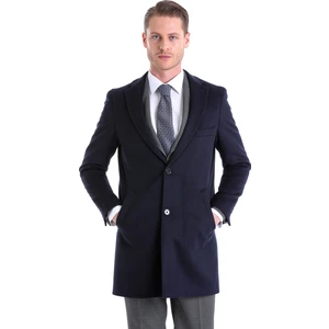 Lacivert Slim Fit Düz Mono Yaka Yünlü Kaşe Palto