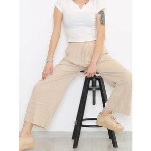 Secret Moda Yüksek Bel Yumuşacık Fitilli Beli Lastikli Günlük Rahat Kadın Pantolon Krem