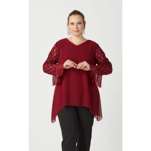 Moda Berray 1940 Kolu Jakarlı Şifon Büyük Beden Şık Bluz Bordo