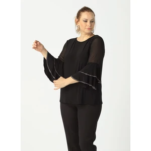 Moda Berray 4043 Siyah Kolları Volanlı Şık Taşlı Esnek Kumaş Büyük Beden Bluz