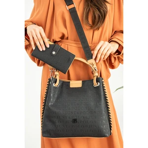 Just Polo Siyah Taba Örgü Detaylı 4 Bölmeli Kadın El & Omuz Çantası ve Cüzdan Kombini 30X27CM PBU4031-1001