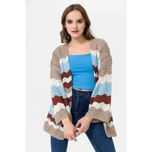 Kadın Desenli Geniş Uzun Kol V Yaka Delikli Triko Hırka