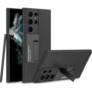 M.TK Moveteck S23 Ultra 5g Uyumlu Kılıf Kamera Korumalı Kalem Girişli Fiber Karbon ve Suni Deri Case Ayarlanabilir L Standlı Militay Zırh Tank Kıpta