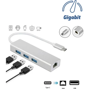 FC05-G Macbook Uyumlu Type-C™ USB3.1 to 3* USB 3.0 1000 Mbps Gigabit Ethernet RJ45 Çevirici Hub Adaptör