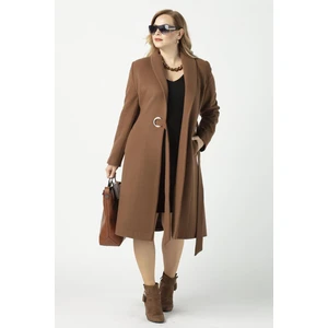 Moda Berray 932 Kadın Camel Şal Yaka Kuşaklı Toka Detaylı  Kaşe Kaban