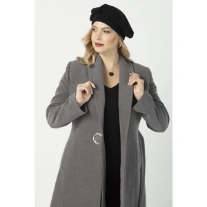 Moda Berray 932 Kadın Gri Şal Yaka Kuşaklı Toka Detaylı  Kaşe Kaban