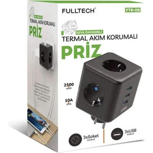 3 Priz 3 x usb 10a 2500w Termal Akım Korumalı Priz Tgftr09