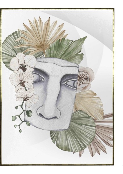 Boho Stil Yarım Yüz Heykel Palmiye Yaprakları Modern Poster P-000464