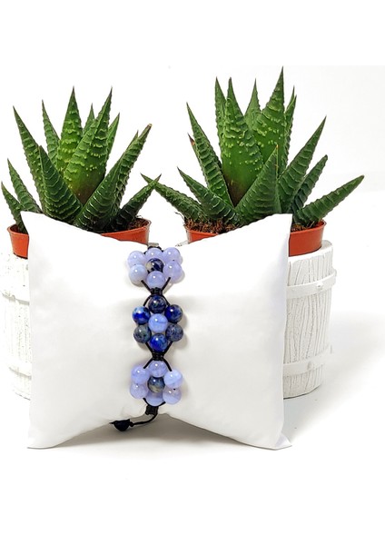 Kalsedon Lapis Lazuli Çiçek Motifli Örme Bileklik 6 Mm( Üçlü)