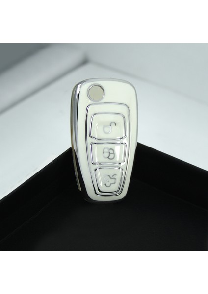 Ford Focus Mondeo 2010+ Sustalı Beyaz-Gümüş Oto Anahtar Kumanda Kabı Kılıf Oto Anahtarlık