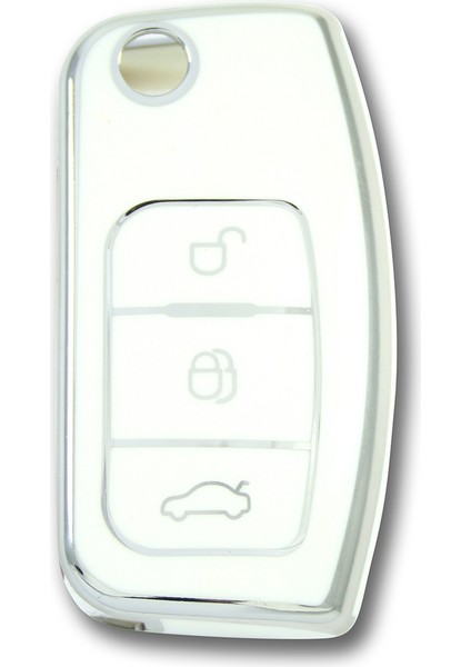 Ford Focus 2004+ Sustalı Beyaz-Gümüş Oto Anahtar Kumanda Kabı Kılıfı Oto Anahtarlık