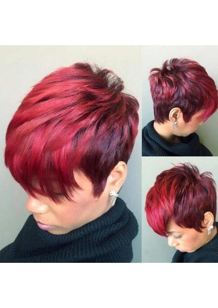 Erkekler Kadınlar Ombre Kırmızı Kısa Peruk Yan Bang ile Sentetik Elyaf Kıvırcık Peruk (Yurt Dışından)