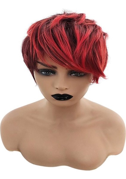 Erkekler Kadınlar Ombre Kırmızı Kısa Peruk Yan Bang ile Sentetik Elyaf Kıvırcık Peruk (Yurt Dışından) fiyatları