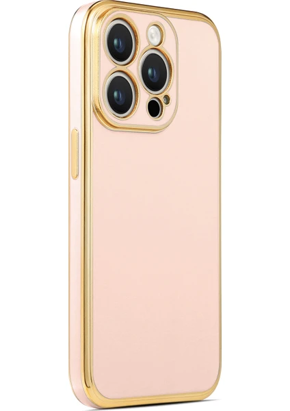 Case 4U Apple iPhone 14 Pro Max Kılıf Kamera Korumalı Yumuşak Pastel Altın Kenar Bark Kapak Rose Gold