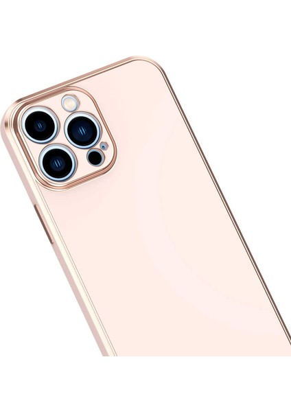 Case 4U Apple iPhone 14 Pro Max Kılıf Kamera Korumalı Yumuşak Pastel Altın Kenar Bark Kapak Rose Gold