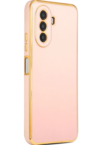 Case 4U Huawei Nova Y70 Kılıf Kamera Korumalı Yumuşak Pastel Altın Kenar Bark Kapak Rose Gold