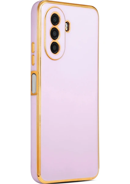 Case 4U Huawei Nova Y70 Kılıf Kamera Korumalı Yumuşak Pastel Altın Kenar Bark Kapak Lila