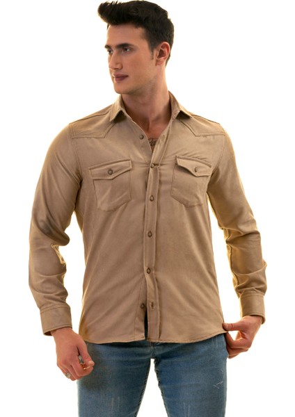 Bej Rengi Süet Çift Cepli Pamuk Western Stil Pamuk Slim Fit Gömlek
