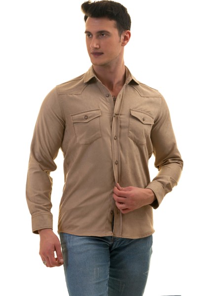 Bej Rengi Süet Çift Cepli Pamuk Western Stil Pamuk Slim Fit Gömlek fiyatları