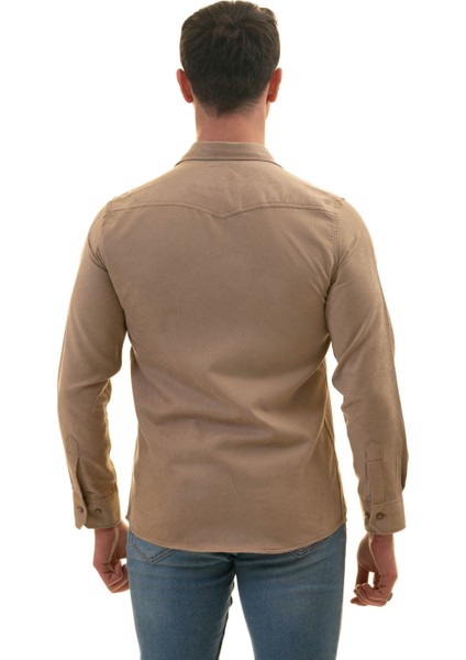 Bej Rengi Süet Çift Cepli Pamuk Western Stil Pamuk Slim Fit Gömlek modelleri