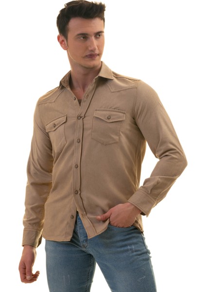 Bej Rengi Süet Çift Cepli Pamuk Western Stil Pamuk Slim Fit Gömlek fırsatları