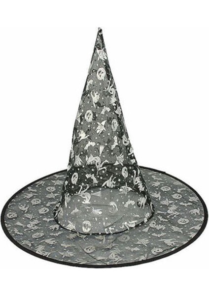 Yetişkin Çocuk Uyumlu Tek Taraflı Halloween Ürkünçler Desenli Ince Tül Cadı Şapkası Siyah Renk 1 Adet