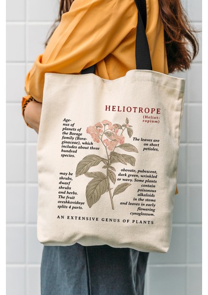 Siyah Kulplu Krem Kanvas Heliotrope Baskılı Bez Çanta