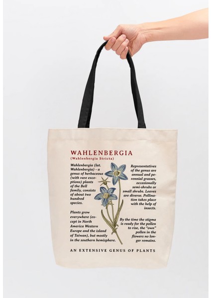 Siyah Kulplu Krem Kanvas Wahlenbergia Baskılı Bez Çanta fiyatları