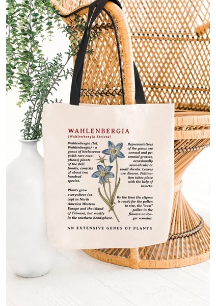 Siyah Kulplu Krem Kanvas Wahlenbergia Baskılı Bez Çanta modelleri