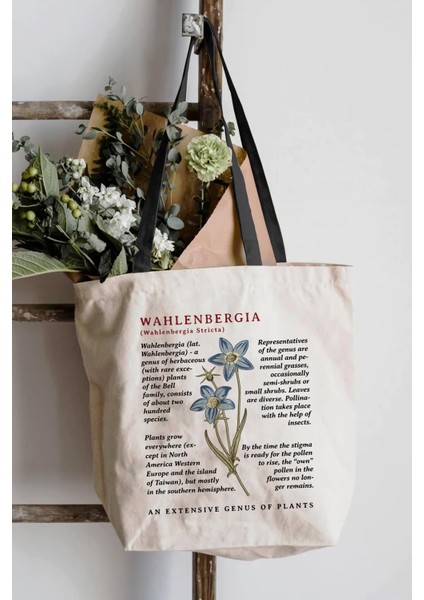 Siyah Kulplu Krem Kanvas Wahlenbergia Baskılı Bez Çanta fırsatları