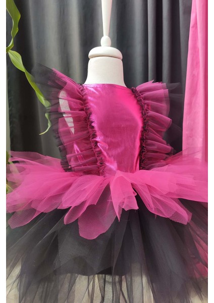 Fuşya Siyah Kat Kat Kız Çocuk Tütü Elbise, Doğum Günü Elbisesi, Top Bandana