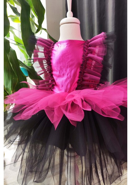 Fuşya Siyah Kat Kat Kız Çocuk Tütü Elbise, Doğum Günü Elbisesi, Top Bandana
