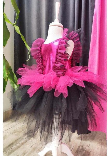 Fuşya Siyah Kat Kat Kız Çocuk Tütü Elbise, Doğum Günü Elbisesi, Top Bandana